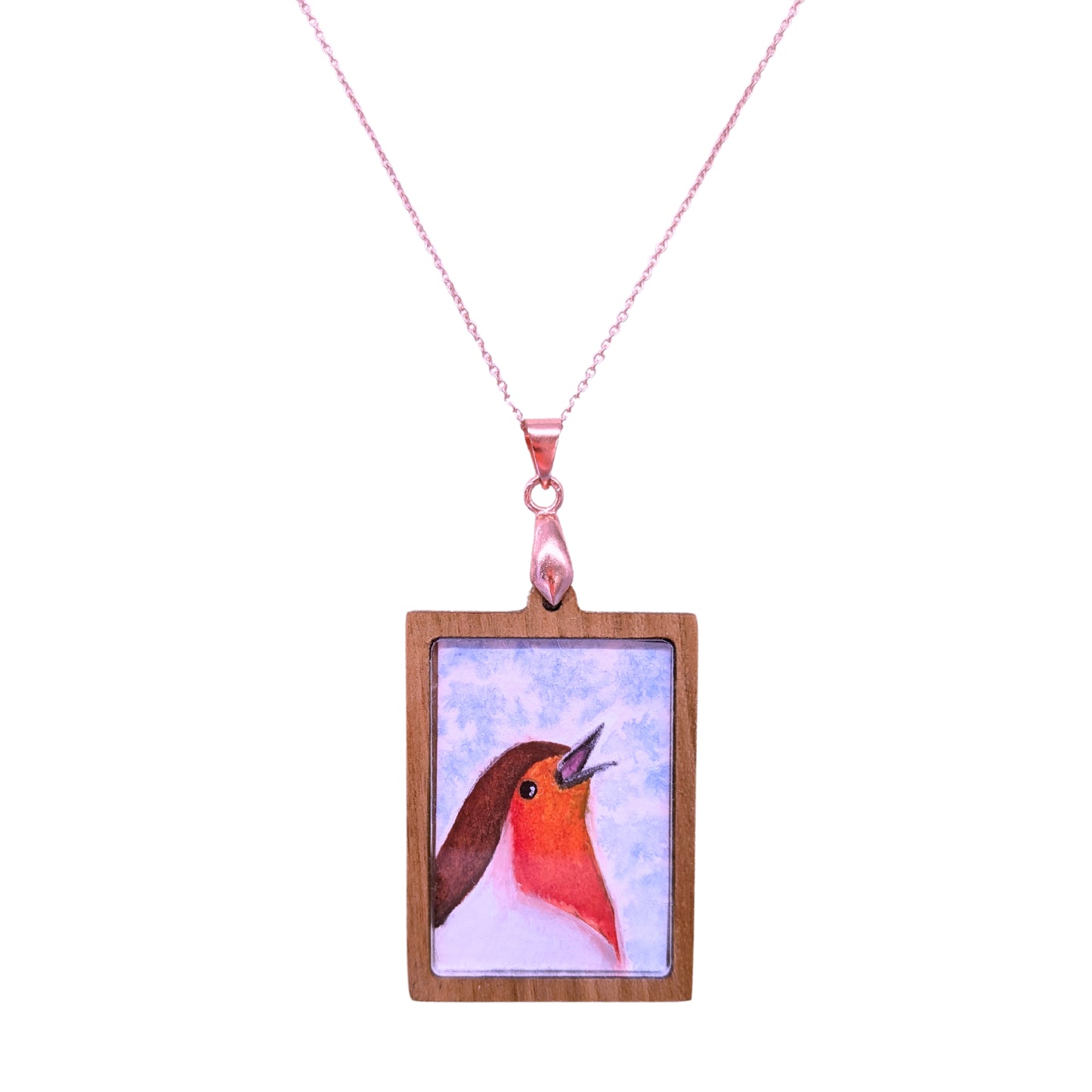 Robin Pendant on a Rose Filled Gold Chain