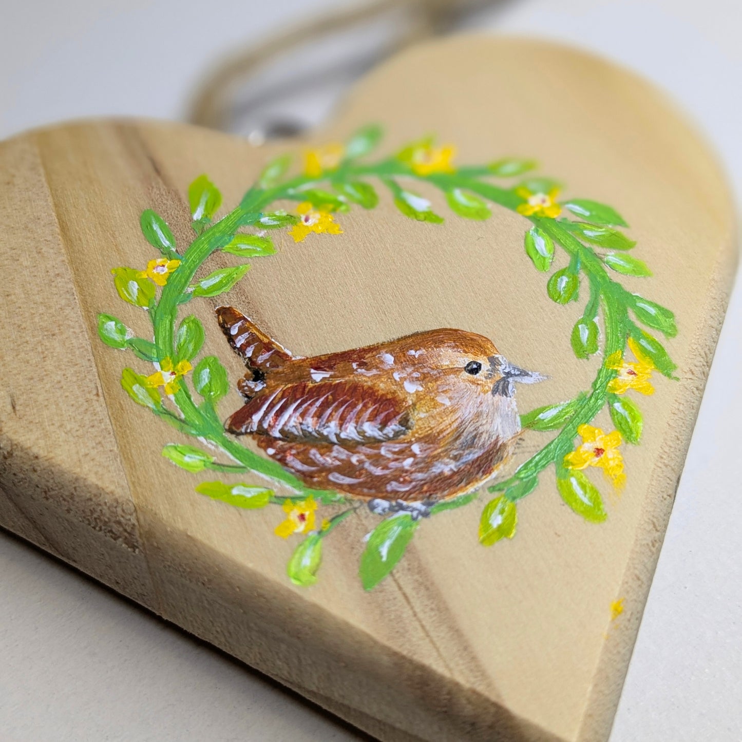 SOLD Wren in Spring Wreath Chunky Wooden Heart Hanging (small)
