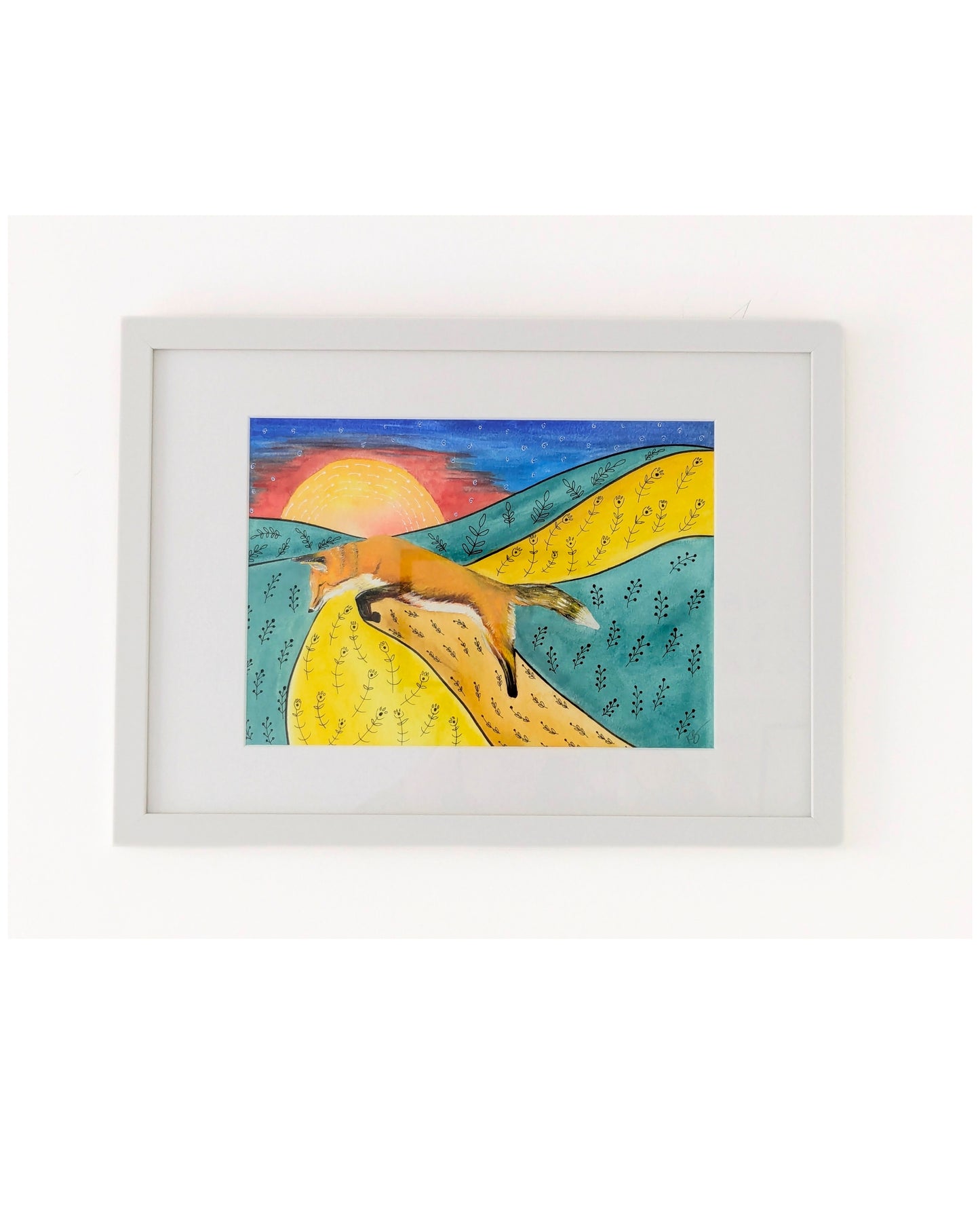 "Folk Fox" Original Mixed Media Painting Framed