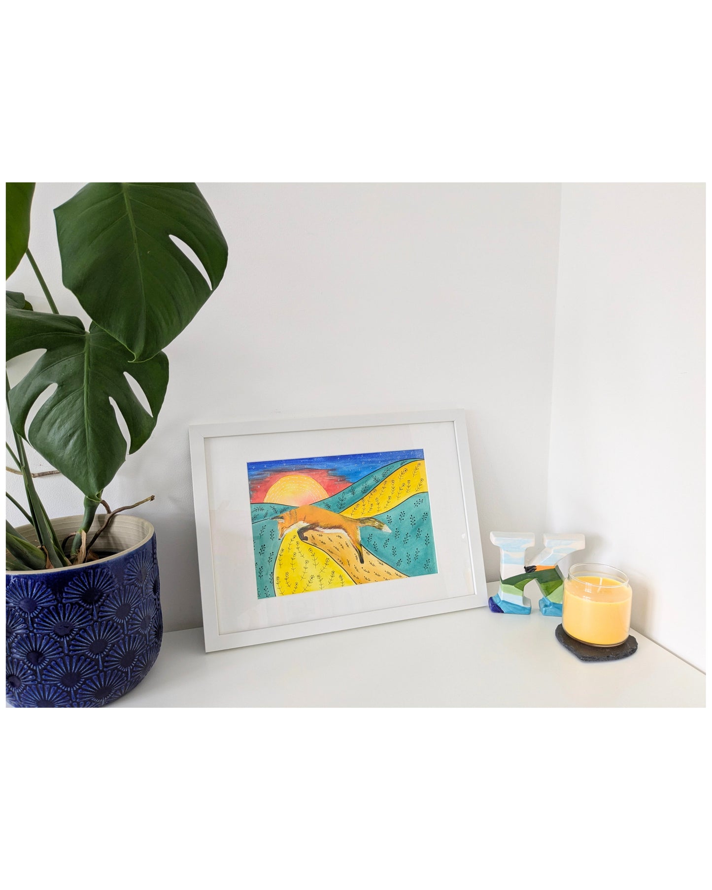 "Folk Fox" Original Mixed Media Painting Framed