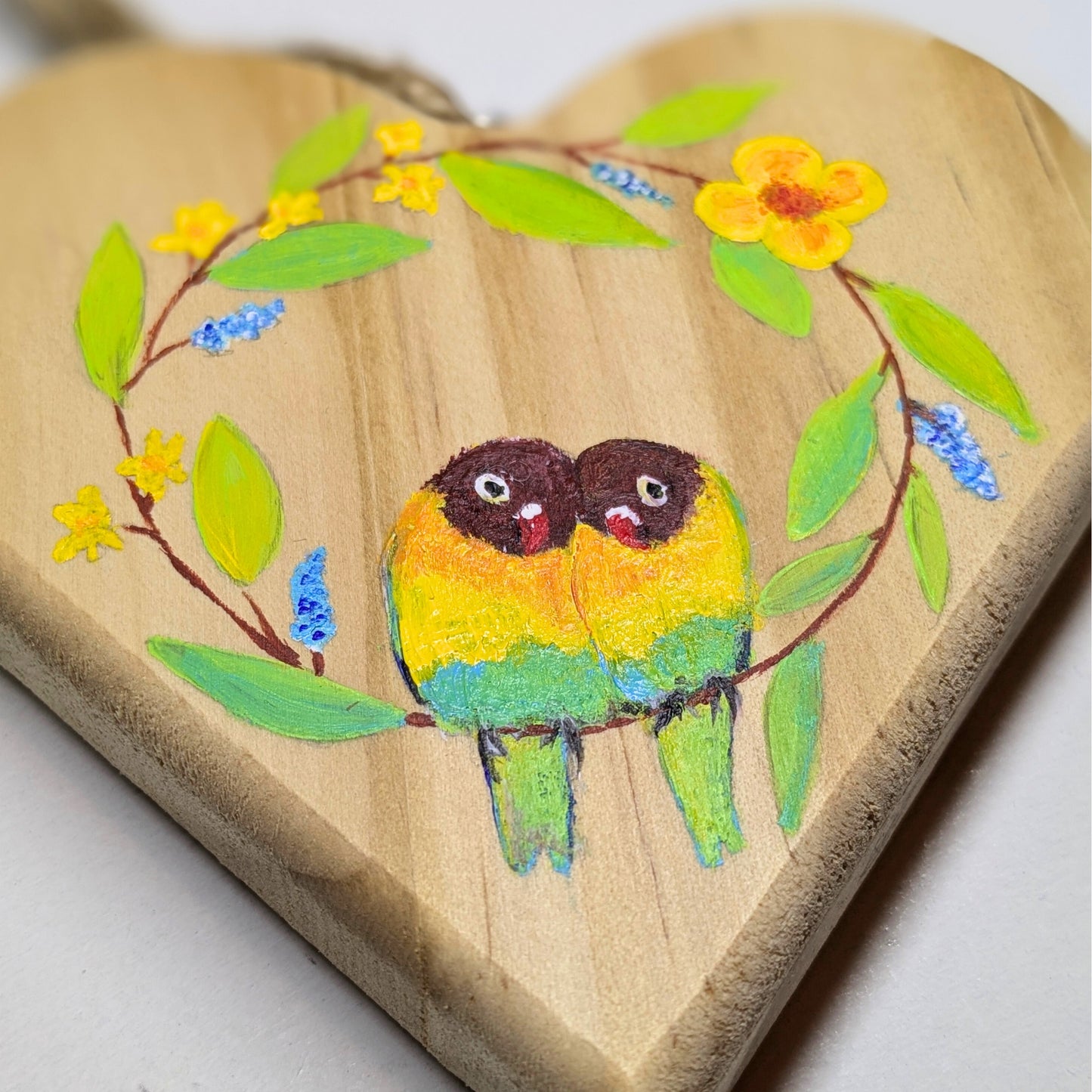 Love Birds in Spring Wreath Chunky Wooden Heart Hanging (Medium)