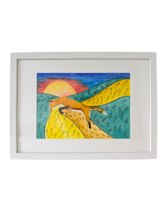 "Folk Fox" Original Mixed Media Painting Framed