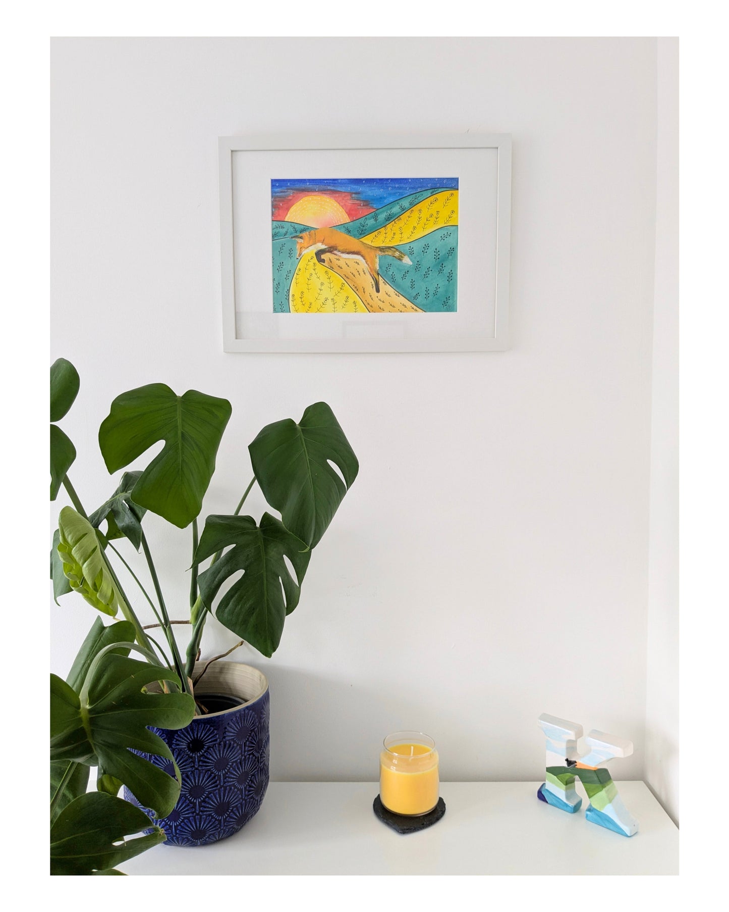 "Folk Fox" Original Mixed Media Painting Framed