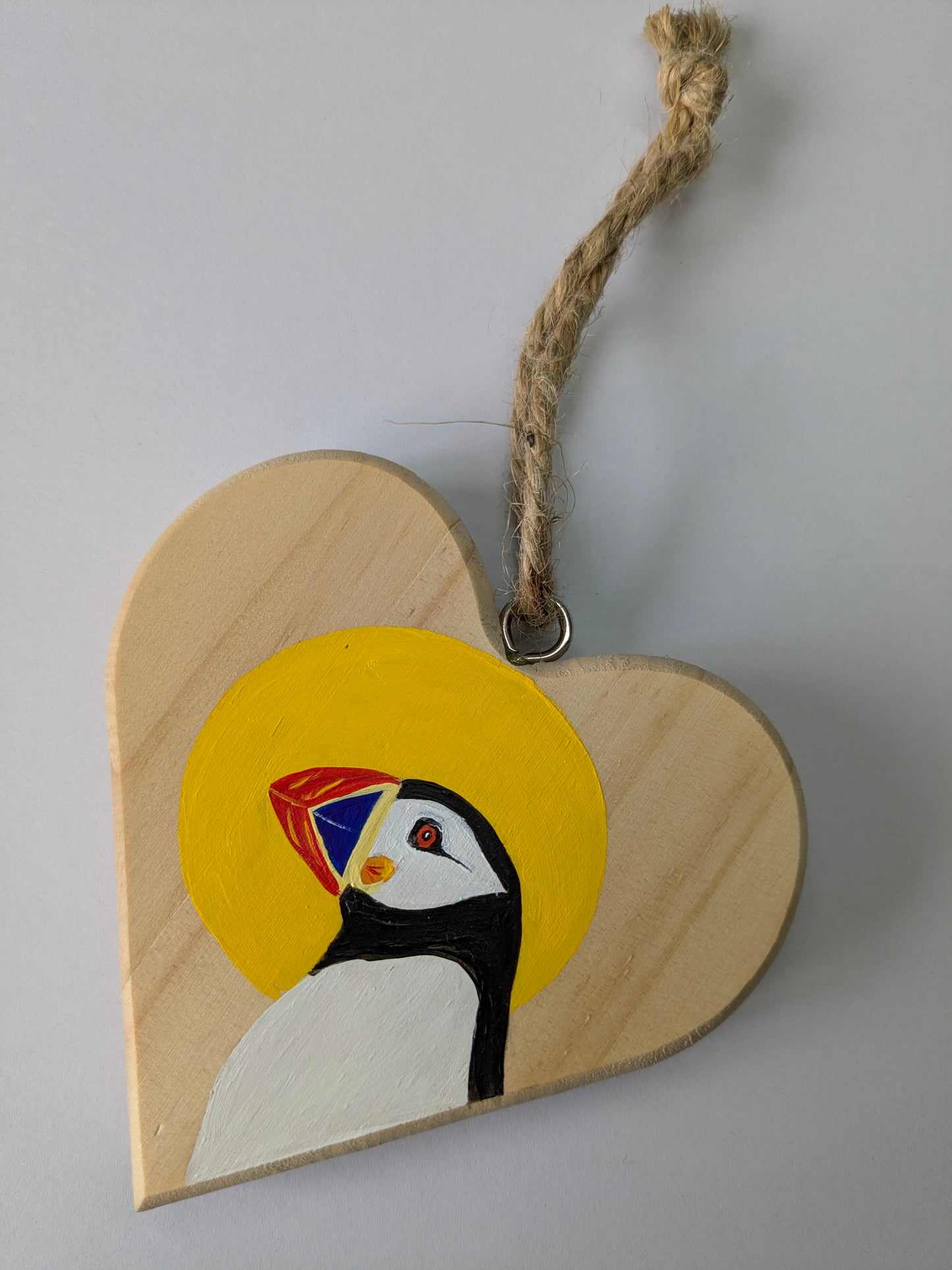 "Puffin Sunset" Chunky Wooden Heart Hanging (small)