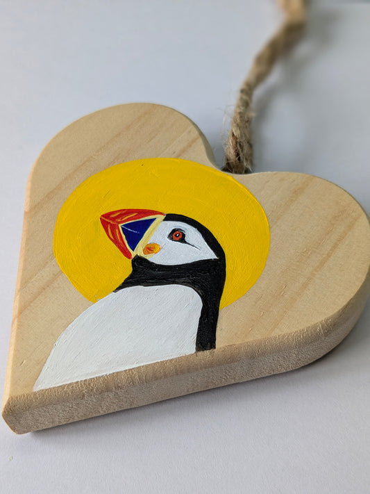 "Puffin Sunset" Chunky Wooden Heart Hanging (small)